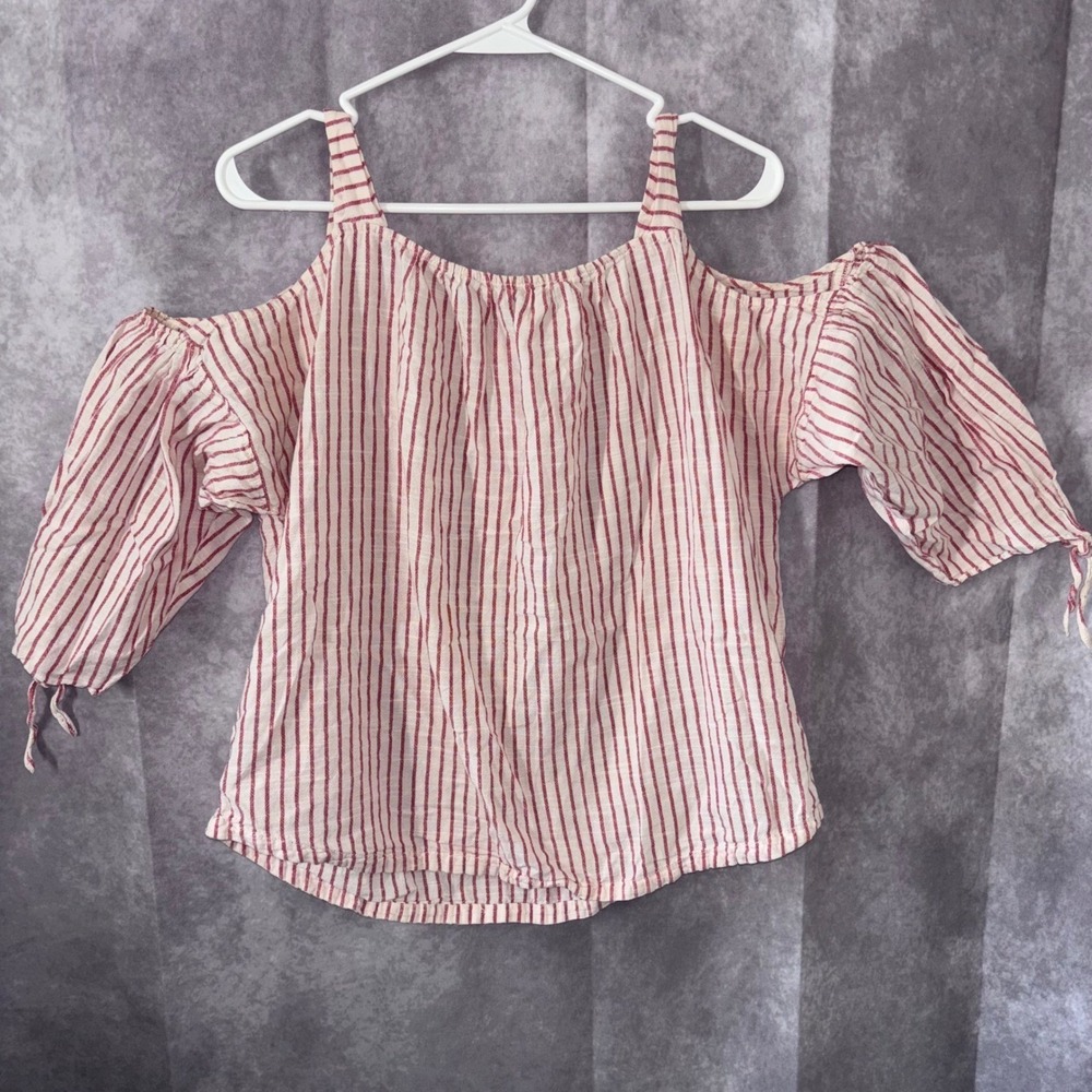 Madewell Women Large Cold Shoulder‎ Top Women Red White Striped Cotton Boho - Picture 5 of 11